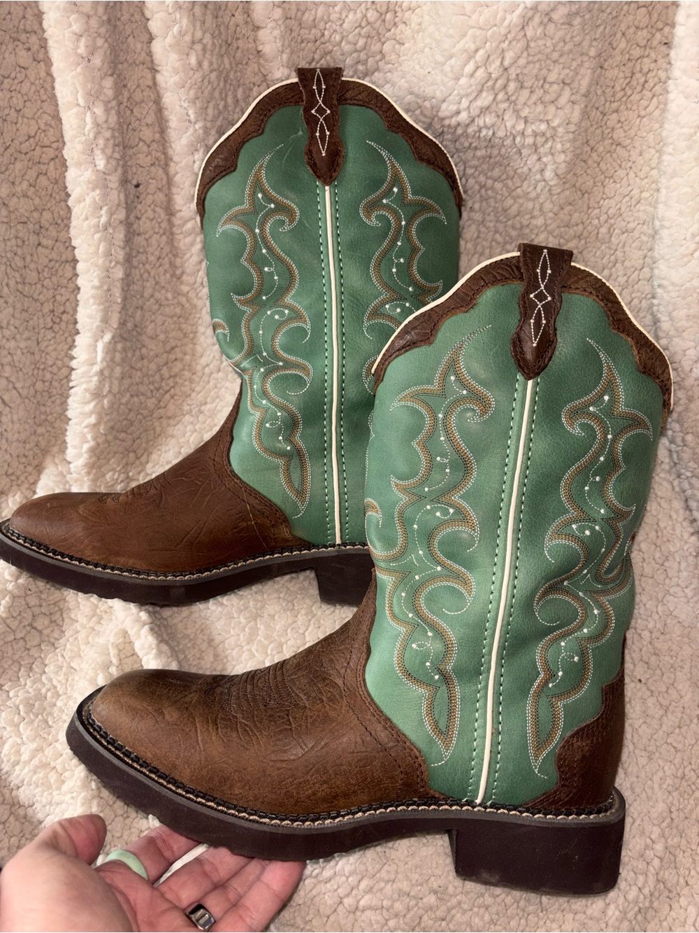 Justin Gypsy Women’s 10B US Green Brown Leather Square Toe Western Cowboy Boots